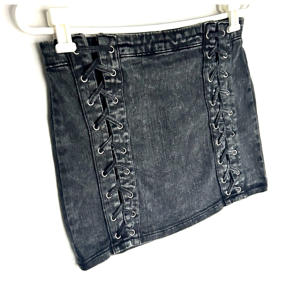 Fashion Nova Lace Up Goth Emo Punk Mini Black Stretch Denim Skirt Womens 29 M